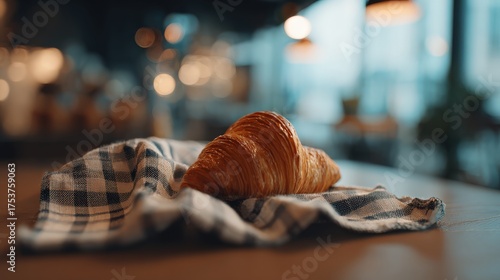 Freshly baked croissant on a checkered cloth in a cozy cafe setting