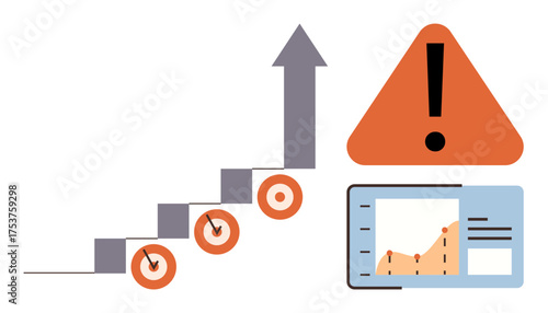 Arrow climbing steps with targets, warning sign, data chart. Ideal for business, growth, risk management, analytics, goal setting decision making success planning. Simple flat metaphor