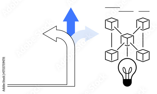 Three arrows representing directions, interconnected blocks, and a lightbulb denote decision-making, blockchain, creativity. Ideal for innovation, technology, leadership, research strategy
