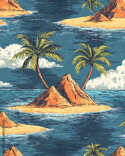 Beach and palm trees below dramatic painted sky scene picture