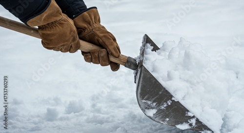 A person's gloved hands grip a wooden shovel handle, lifting a mound of fluffy white snow, with a soft, diffused light illuminating the winter scene.