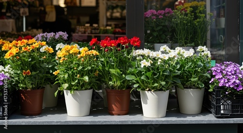 Wallpaper Mural vibrant colorful flowers in pots displayed at outdoor market on sunny day Torontodigital.ca