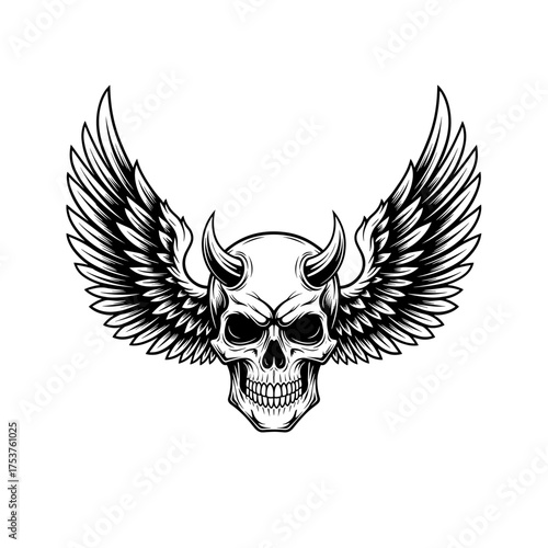 Striking winged skull with devil horns for edgy designs, perfect for apparel, posters, and tattoo art projects or Halloween themed commercial promotions