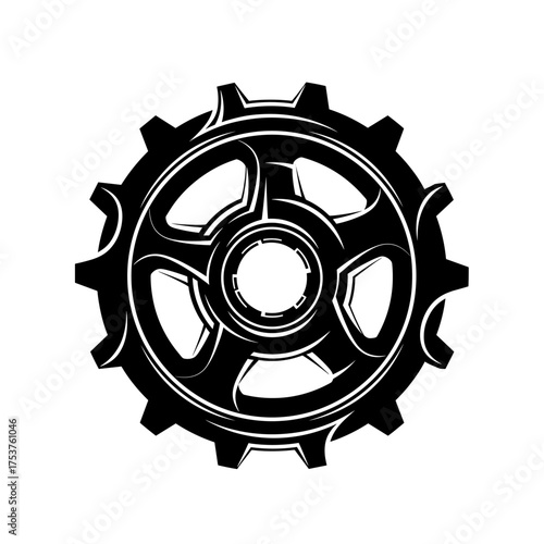 Dynamic black and white gear illustration for engineering projects or modern industrial design applications, offering a sleek and professional look