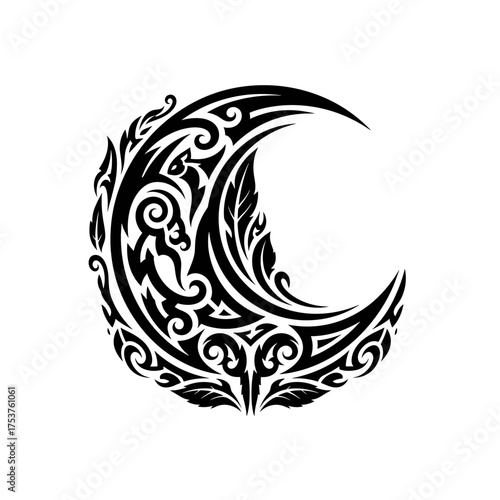 Mystical crescent moon tattoo design with intricate tribal patterns for spiritual artwork and unique celestial inspired projects and creative designs