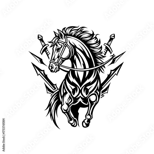 Majestic stallion prancing with swords, a powerful symbol of strength, freedom, and nobility, perfect for logos, branding, and creative designs