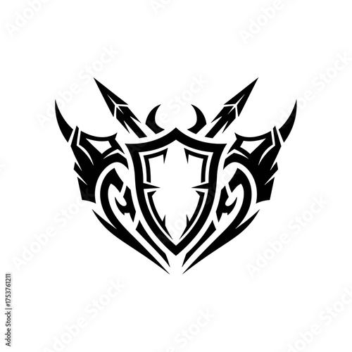 Dynamic tribal shield emblem with crossed swords, perfect for gaming logos or bold branding projects that demand a fierce, edgy, and unforgettable style