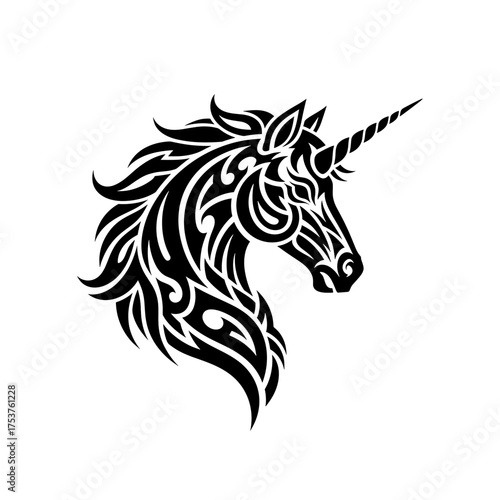 Majestic unicorn head with flowing mane in elegant black tribal tattoo style, perfect for fantasy designs or mystical branding, magical and captivating art