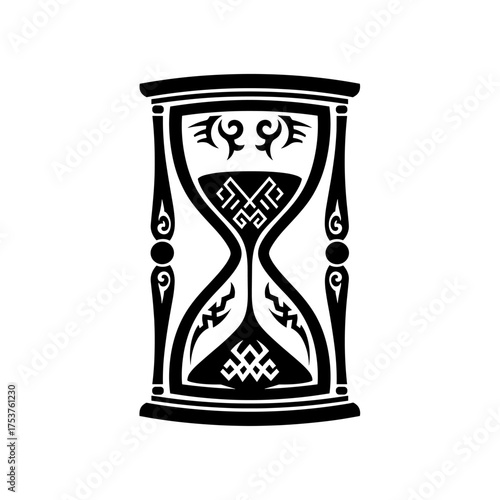 Dramatic hourglass design with striking tribal pattern for tattoo art, time management concepts, or symbolic designs, perfect for editorial use