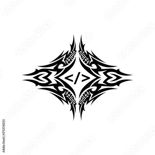 Tribal inspired coding symbol design for tech brand identity and modern digital art projects, perfect for developer apparel and innovative website accents