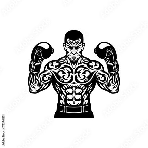 Intense tribal tattoo boxer ready for a knockout, showcasing strength and artistry in a striking black and white design for fitness and martial arts promotions