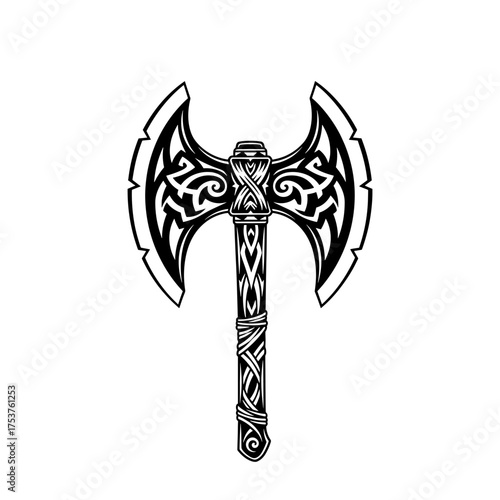 Unique battle axe with intricate knotwork design for fantasy games, graphic novels, and historical illustrations brings power and magic to your projects