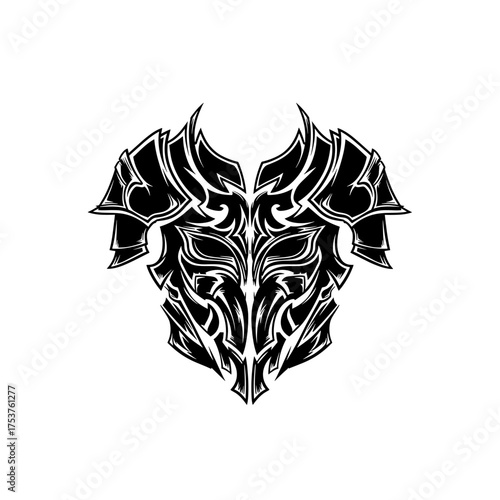 Bold warrior armor tattoo design for edgy branding projects and fantasy game art, a powerful symbol of strength and protection with intricate details