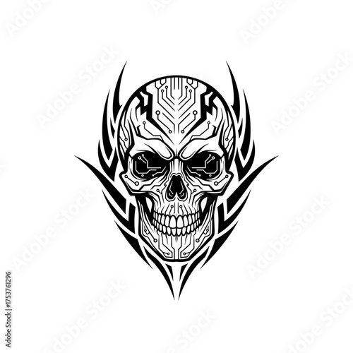 Futuristic skull with circuit patterns and tribal accents for edgy designs and digital art projects that demand a bold, modern, and slightly dark aesthetic