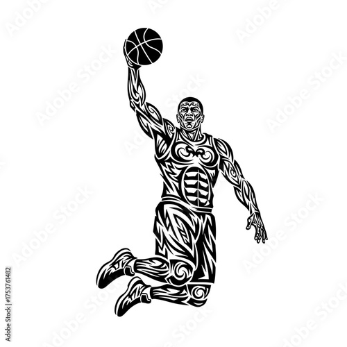 Dynamic tribal basketball player in mid-air slam dunk position, a powerful design element perfect for sports branding and athletic apparel showcasing strength