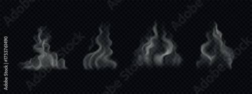 Set of smoke from hot food, coffee. Vector realistic cooking steam isolated on transparent background