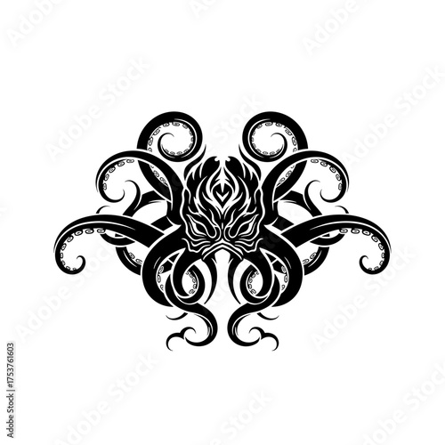 Intricate octopus design for tattoo or logo projects, featuring a striking symmetrical pattern that captures sea creature power and mystique with bold black lines