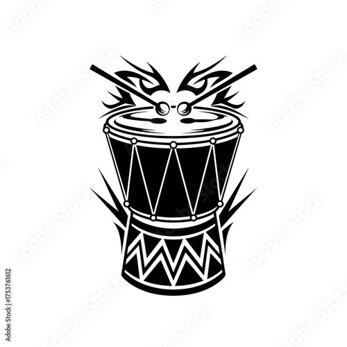 Dynamic tribal drum with drumsticks tattoo design for music lovers, percussion enthusiasts, and rhythmic expressions of cultural heritage