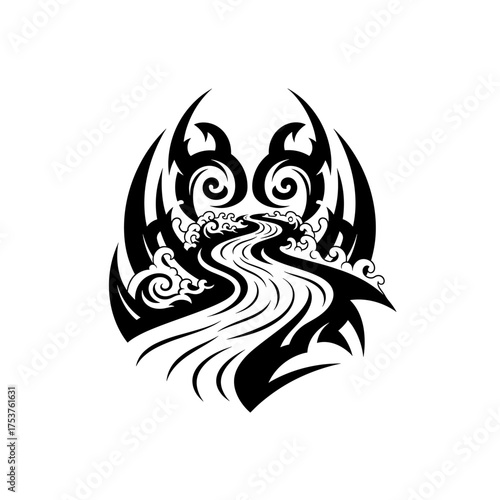 Bold tribal stream design with swirling accents, perfect for tattoos or graphic elements with its striking black and white contrast aesthetic