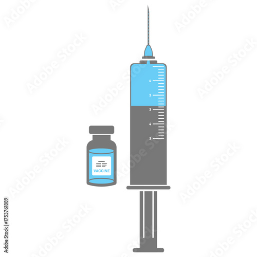Syringe with blue vaccine, vial of medicine on white background. Vector illustration