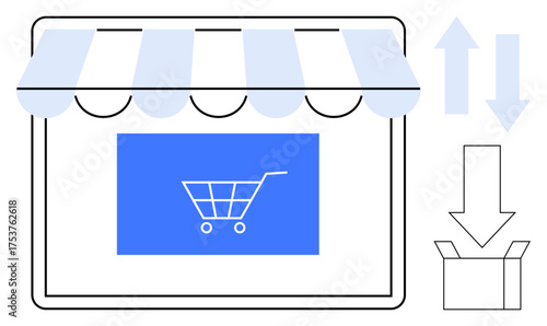 Digital storefront with awning, cart icon, delivery box, and arrows representing online shopping, logistics, retail, shipping, and business growth. Ideal for e-commerce delivery digital retail