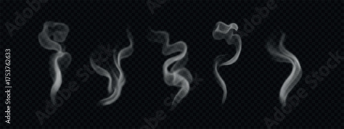 Set of hot smoke, bbq fog, vapor from coffee and food. Various wavy and swirl vector steam isolated on transparent backdrop