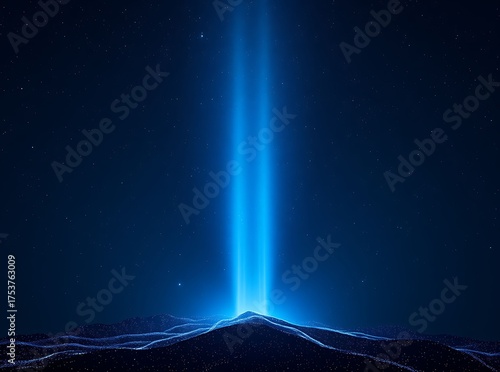Mysterious Blue Light Beam Rises from Abstract Low-Poly Terrain into Dark Starry Night Sky