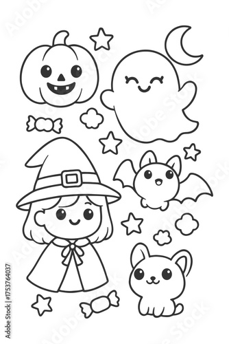 Funny cartooncoloring book for kids with cute characters and simple outlines - Halloween doodle