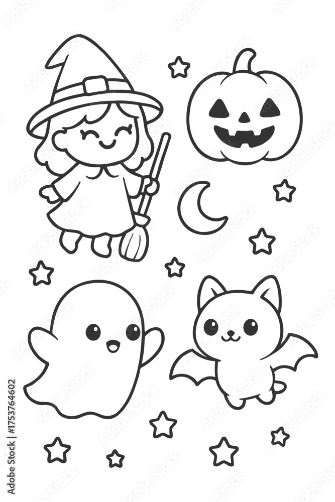 Obraz premium Funny cartoon character set with playful illustrations - Halloween doodle coloring