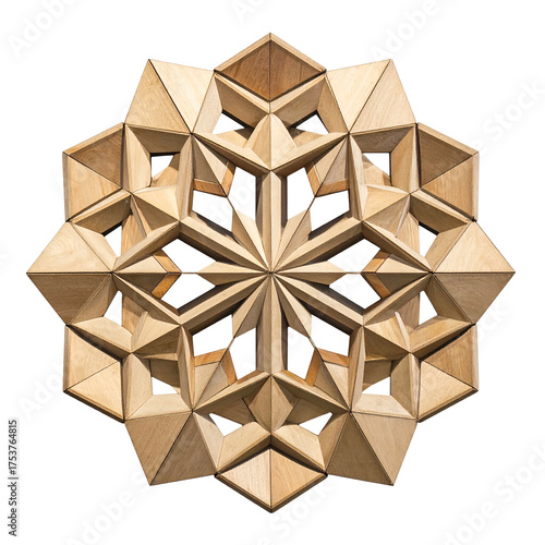 Intricate geometric wooden relief artwork is set against a black background.