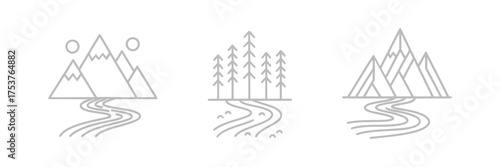 Minimalist mountain and river landscape icons depicting nature and outdoor adventure