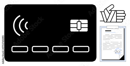 Contactless card with payment chip, signature document, and approval gesture. Ideal for finance, security, digital payment, authentication, business agreements technology e-commerce. Simple flat