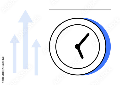 Clock with black hands and blue shadow beside three light blue arrows pointing upward. Ideal for productivity, time efficiency, growth, progress, workflow, business strategy, success. Simple flat