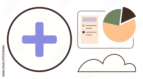 Plus sign, analytics chart, and cloud icon symbolize healthcare data, cloud storage, and business analysis. Ideal for medical analytics, digital tools, cloud systems, technology teamwork planning