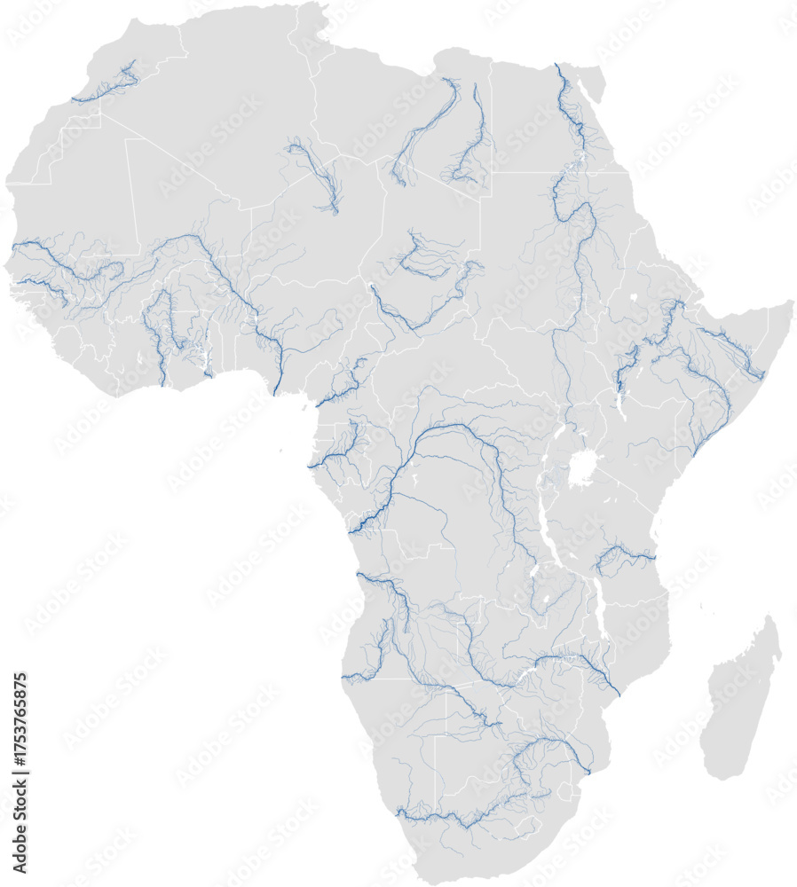 Obraz premium Vector map of major rivers in Africa highlighting main stem and primary tributaries (AEA, scaled by river size, PPT-compatible, multi-layered & fully editable)