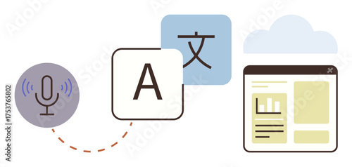Microphone, language icons, and document interface connected by dotted lines illustrating voice translation, language accessibility, and digital communication. Ideal for technology, globalization