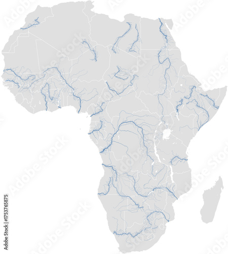 Vector map of major rivers in Africa highlighting main stem and primary tributaries (AEA, scaled by river size, PPT-compatible, multi-layered & fully editable)