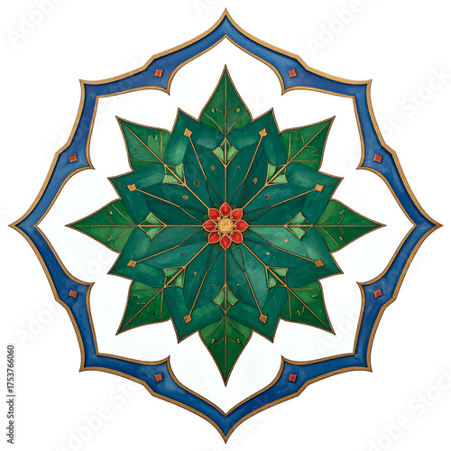 Ornate floral mandala design with green petals and red center.