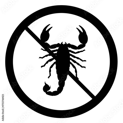 Prohibition of scorpion vector icon, a nature symbol with a circular no-entry sign, representing harmful insects or poisonous creatures, isolated white background