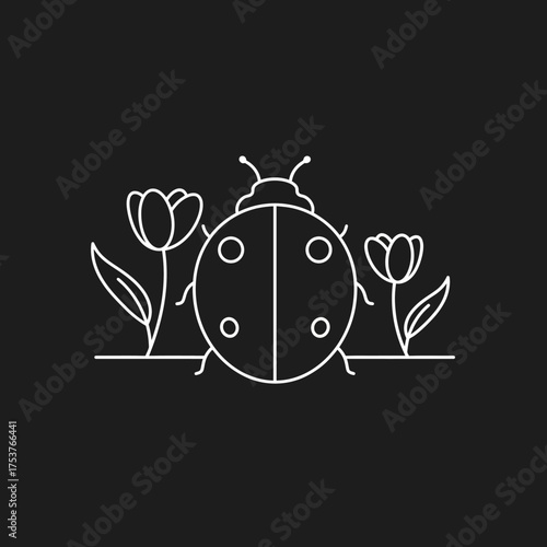 This minimalist vector nature icon elegantly portrays a cheerful ladybug between two blooming spring tulips, crafted in a delicate line art style for projects