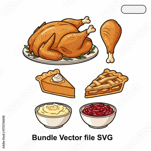 Roasted chicken and food vector set in tasty cartoon style. Perfect for restaurant menus, food blogs, catering designs, and culinary projects.