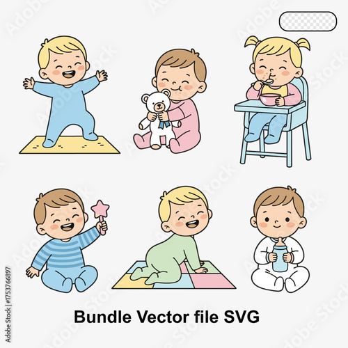 Cute baby activity vector set showing toddlers playing and crawling. Perfect for parenting content, nursery decoration, baby products, and childcare themes.