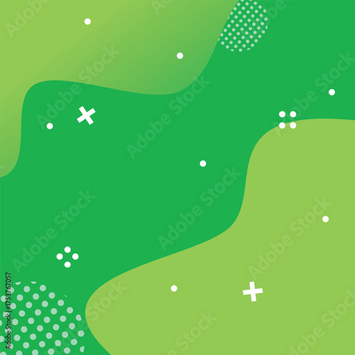 Energetic abstract background featuring bright green and lime fluid, wavy shapes with geometric crosses and dot patterns. Ideal for nature, health, or dynamic marketing materials