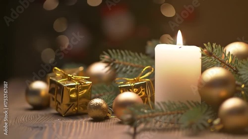 Glowing Christmas candle surrounded by ornaments and pine branches.