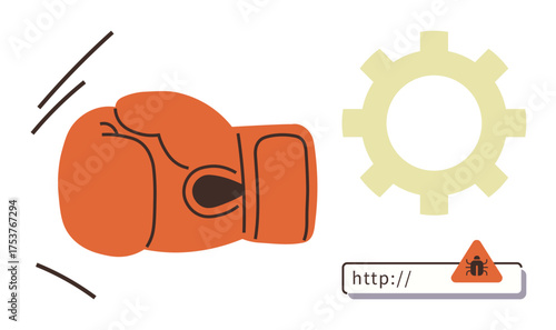 Boxing glove striking gear with caution alert on web link, representing defense against software bugs, cybersecurity, malware, error handling, and system protection. Ideal for technology, security