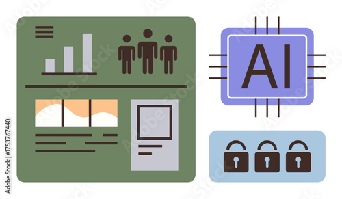 Dashboard with analytics data, human figures, AI chip, and security padlocks. Ideal for technology, business, innovation, cybersecurity, software development AI systems and digital transformation