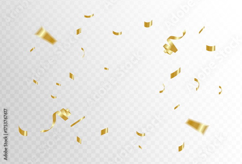 Festive golden confetti and shimmering ribbons scattering, creating a dynamic effect on a transparent background for celebrations, joyous events, and party designs