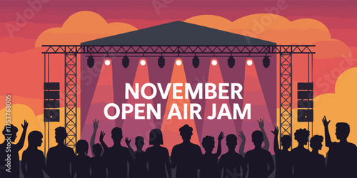A concert scene with a stage lights and a silhouetted crowd set against a sunsetcolored sky