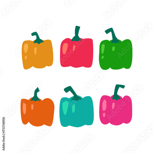 Six Colorful Bell Peppers in Bright Colors Arranged in Two Rows, Modern Food Illustration