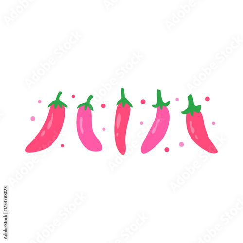 Bright Pink Chili Peppers Illustration With Green Stems And Playful Dots